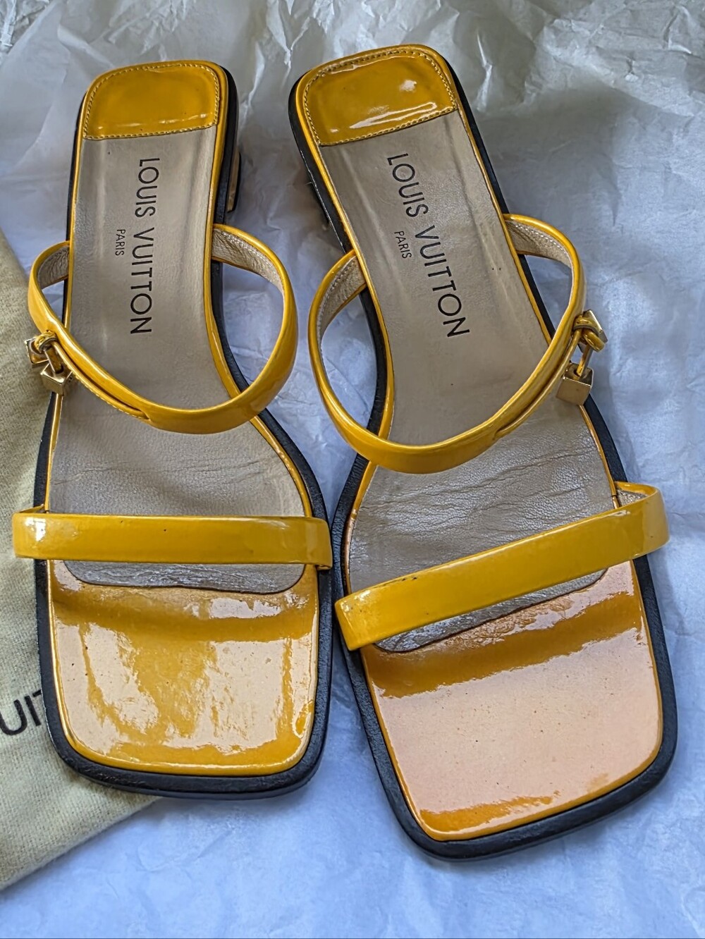 Louis Vuitton Patent Leather Yellow Strappy Square-Toe Sandals Size 37